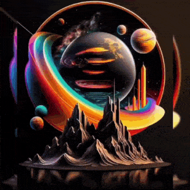 a colorful painting of a planet with mountains in the background