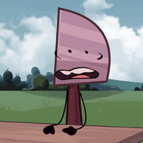a cartoon character is sitting on a wooden table with a knife on it 's head