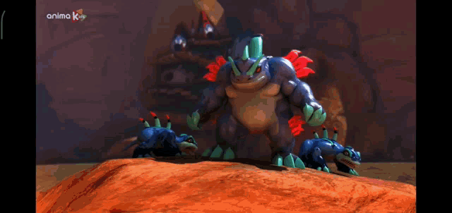 a video game screen shows a rhino and two lizards and says anima kids on the bottom