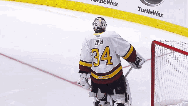 a hockey player wearing a jersey with the number 34 on it