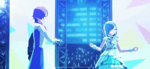 a boy and a girl are dancing in front of a screen
