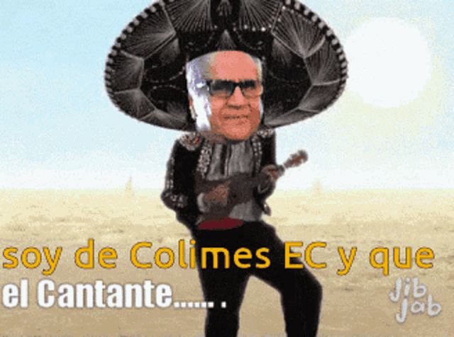 a man wearing a sombrero and holding a guitar with the words soy de colmes ec y que el cantante below him