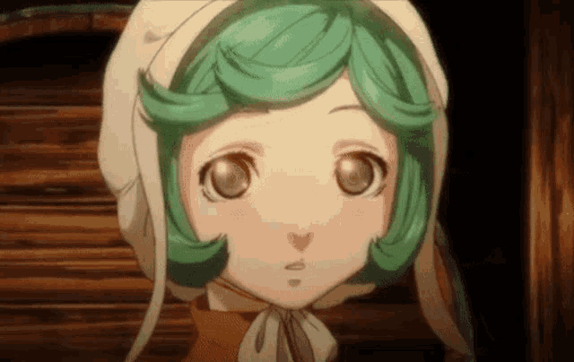 a little girl with green hair and a white hat looks at the camera