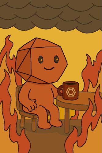 a cartoon character is sitting at a table with a cup of coffee in front of flames