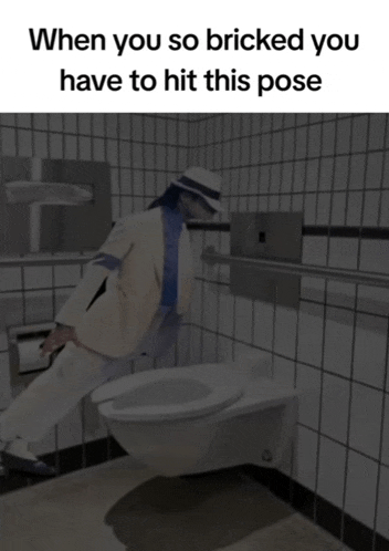 a man in a white suit is standing next to a toilet with the caption when you so bricked you have to hit this pose .