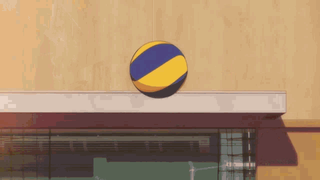 a man in a red jacket is reaching for a yellow and blue ball