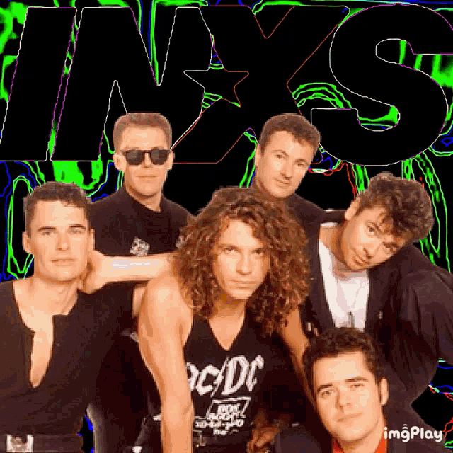 a group of men are posing for a picture in front of a green and black background that says ' inxs '