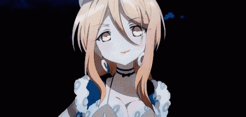 a girl with long blonde hair is wearing a white and blue dress and a choker .