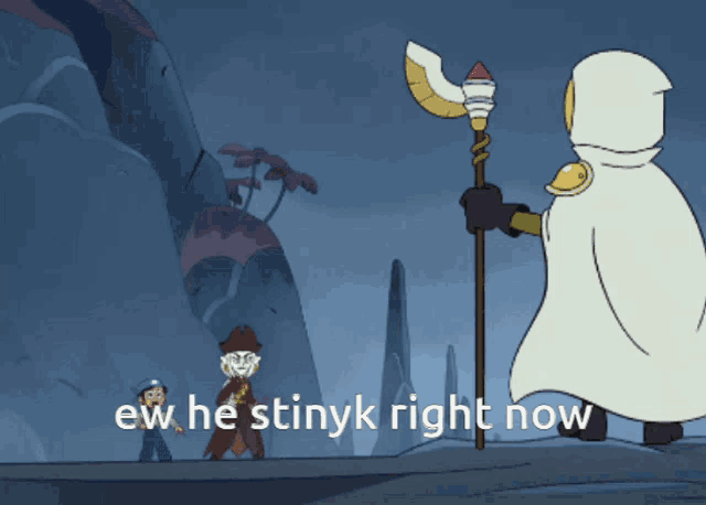 a cartoon of a man holding a cane with the words " ew he stinyk right now "