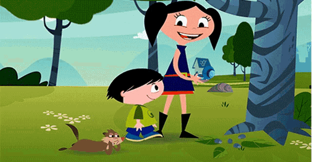 a cartoon of a girl and a boy standing next to a tree