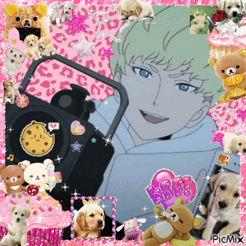 a picture of a boy taking a selfie with a camera surrounded by puppies