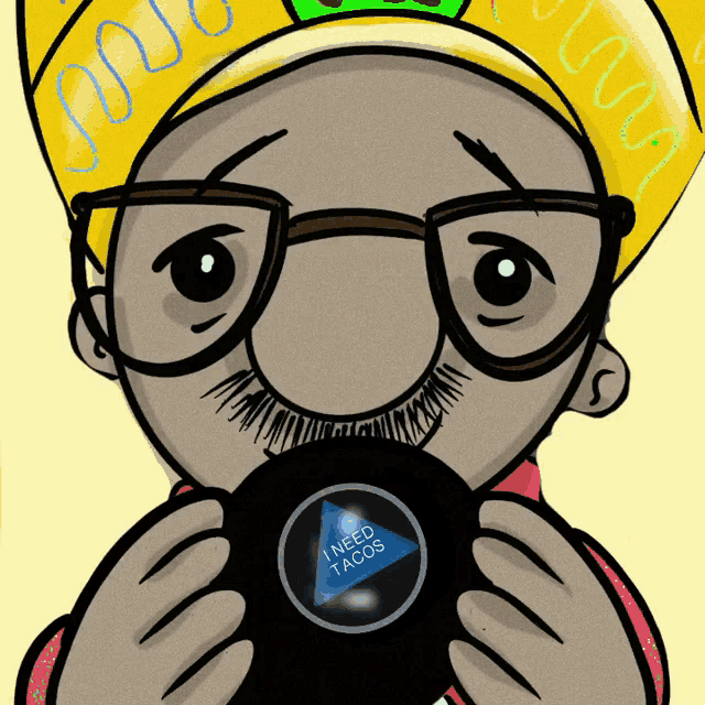 a cartoon of a man with glasses holding a ball that says i need tacos