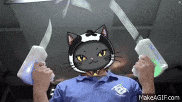 a man in a blue shirt with a cat face on his head is holding a sword .