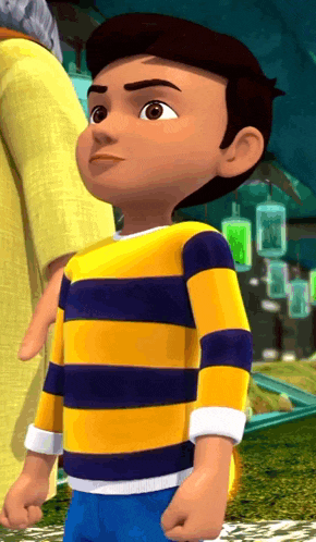a boy in a yellow and blue striped shirt