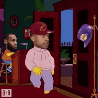 a cartoon of a man in a cleveland hat walking into a room