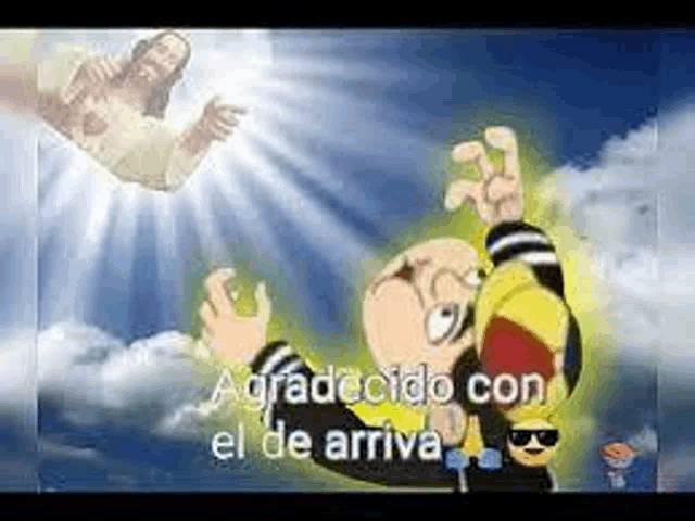 a cartoon character is flying through the air with jesus coming down from the sky .