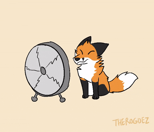 a cartoon of a fox sitting next to a fan with the name therogdez written on the bottom