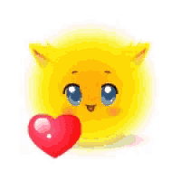 a yellow cat with blue eyes is holding a red heart in front of its face