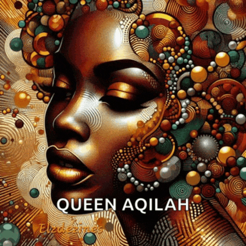 a colorful painting of a woman 's face with the name queen aqilah below it