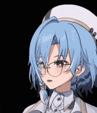 a girl with blue hair and glasses wearing a white hat