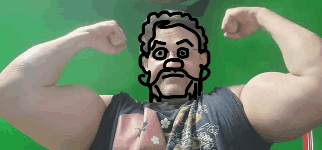 a man flexing his muscles with a drawing of a man 's face behind him
