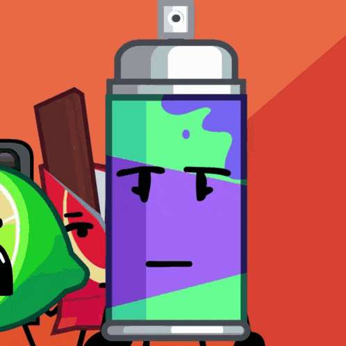 a spray can with a face on it is surrounded by other cartoon characters