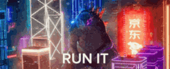 a neon sign that says run it with a person in the background