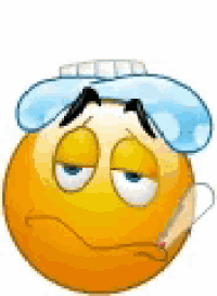 a cartoon smiley face with an ice pack on his head and a thermometer in his mouth .