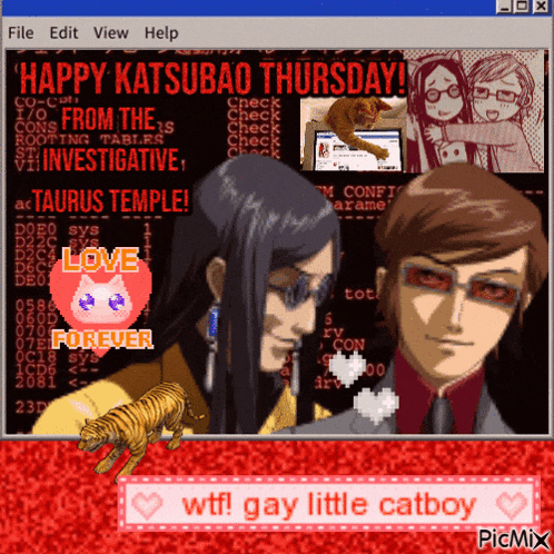 a happy katsubao thursday poster with two anime characters and a tiger