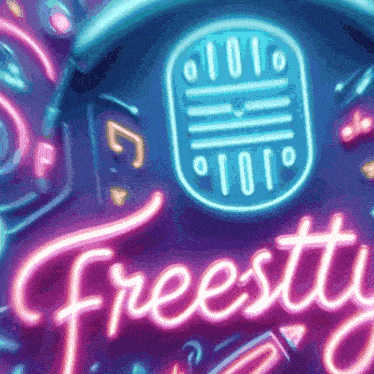 a neon sign that says freesty with a microphone