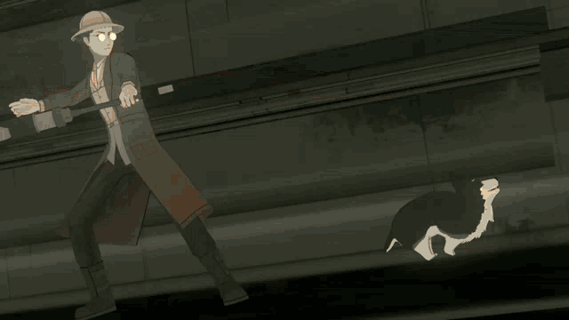 a man in a trench coat is holding a sword and a flame coming out of it