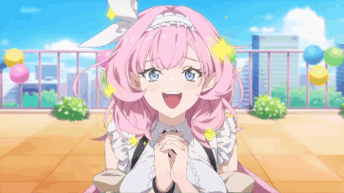 a girl with pink hair and blue eyes is wearing a maid outfit