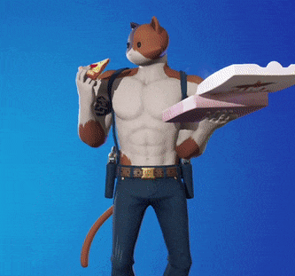 a man with a cat 's head is holding a box of pizza and a slice of pizza