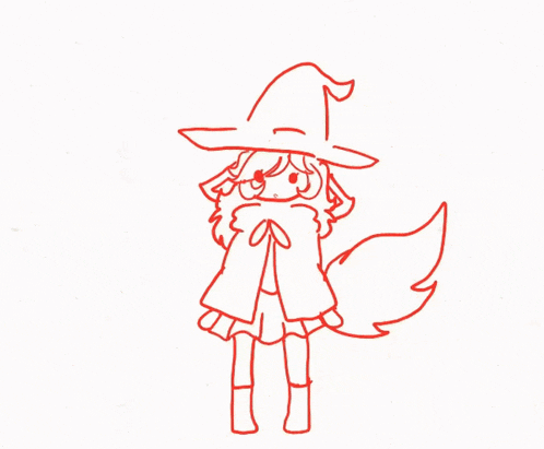 a drawing of a witch with a red tail
