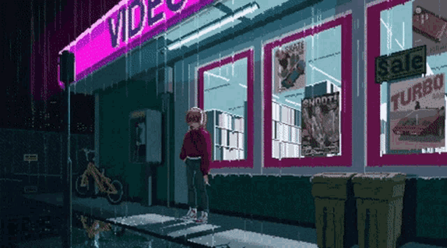 a pixel art illustration of a video store with a sign that says turbo