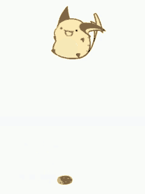 a cartoon drawing of a pikachu flying through the air with a coin in the foreground