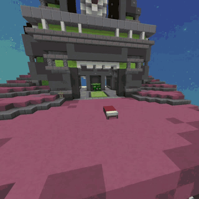a screenshot of a minecraft game shows a green monster standing in front of a gray building