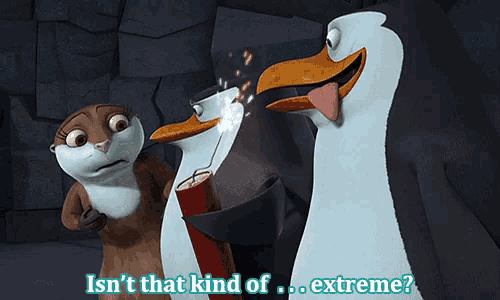 a cartoon of a penguin holding a can of soda with the words isn 't that kind of extreme written below it