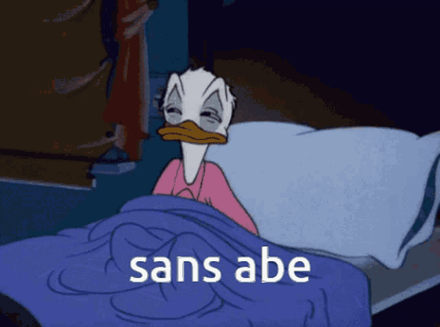 a cartoon of donald duck laying in a bed with the words sans abe above him