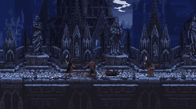 a screenshot of a video game shows a statue of a man holding a sword in front of a building