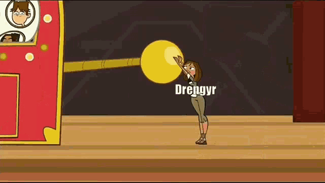 a cartoon of a woman holding a ball with the word drengyr written on it