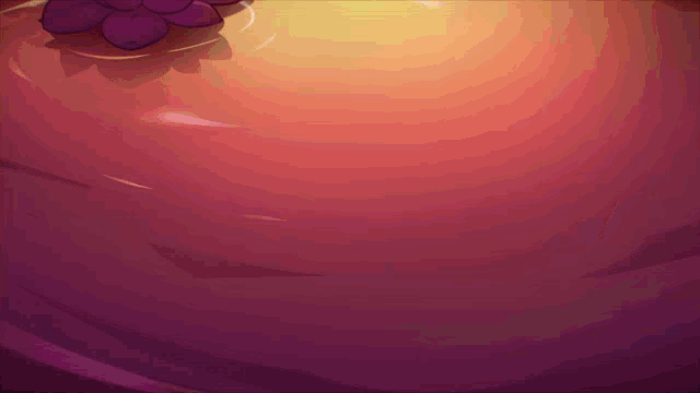 a purple flower is floating in the water with a sunset in the background