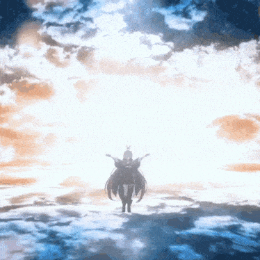 a cartoon character is standing in the clouds with her arms outstretched