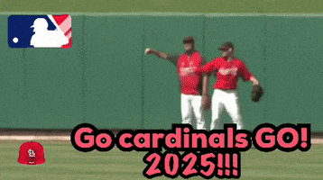 two baseball players on a field that says go cardinals go