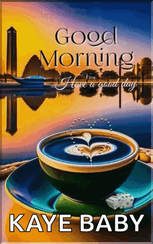a cup of coffee on a saucer with the words good morning i have a good day kaye baby on it