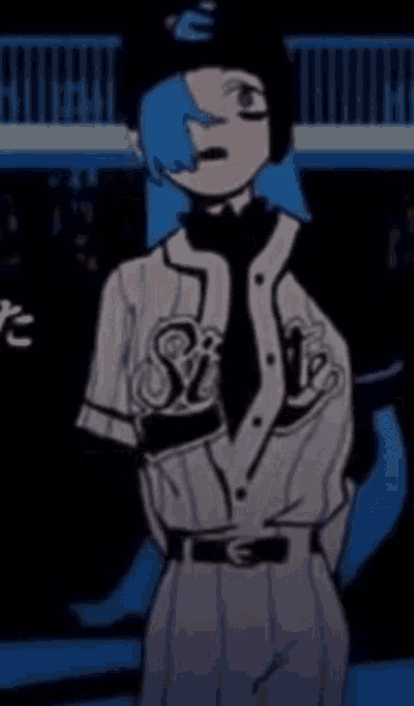 a girl with blue hair is wearing a baseball uniform with the letter e on the front .