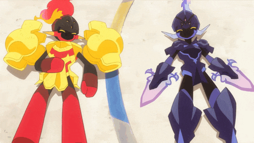 a cartoon drawing of a red and yellow robot and a purple robot