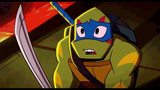 a teenage mutant ninja turtle is holding a sword in his hand
