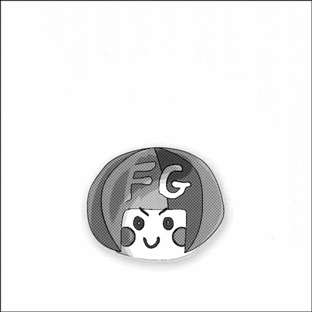 a black and white drawing of a person with a fg logo on their head