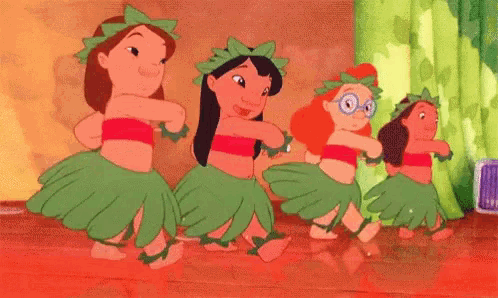 a group of cartoon characters are dancing hula together .
